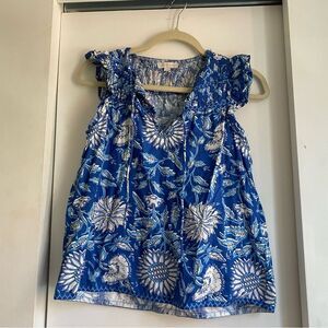 Jennifer & Grace Cotton Sleeveless Blue White Floral Tie Shirt  Size Small
